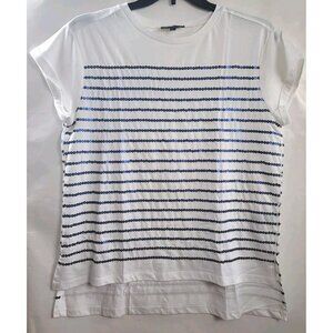 DG2 Diane Gilman Top Sz L White T-shirt Black Round Disc Sequims Short Sleeve